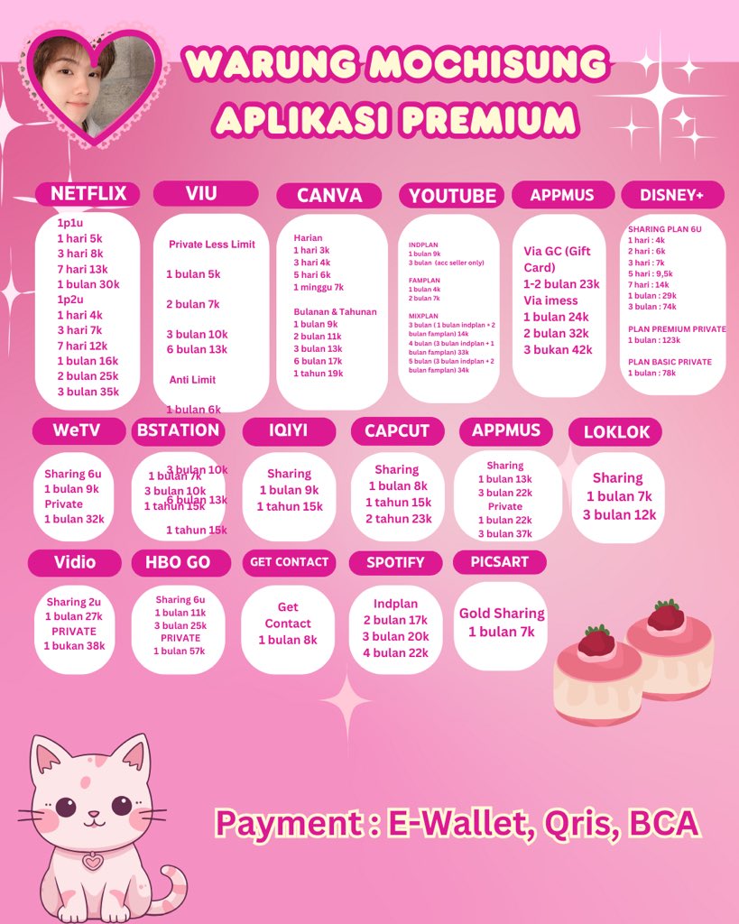 pinkiuoo's tweet photo. haloww aku jual aplikasi premium netflix, disney+, vidio, amazone prime, bstaion, canva, loklok, viu, wetv, iqiyi, picsart, capcut, wetv, youku #zonauang
testi : https://t.co/ilYOmshq4e…
wa : https://t.co/Ybq1xm5kAe https://t.co/iTocvmDLHM