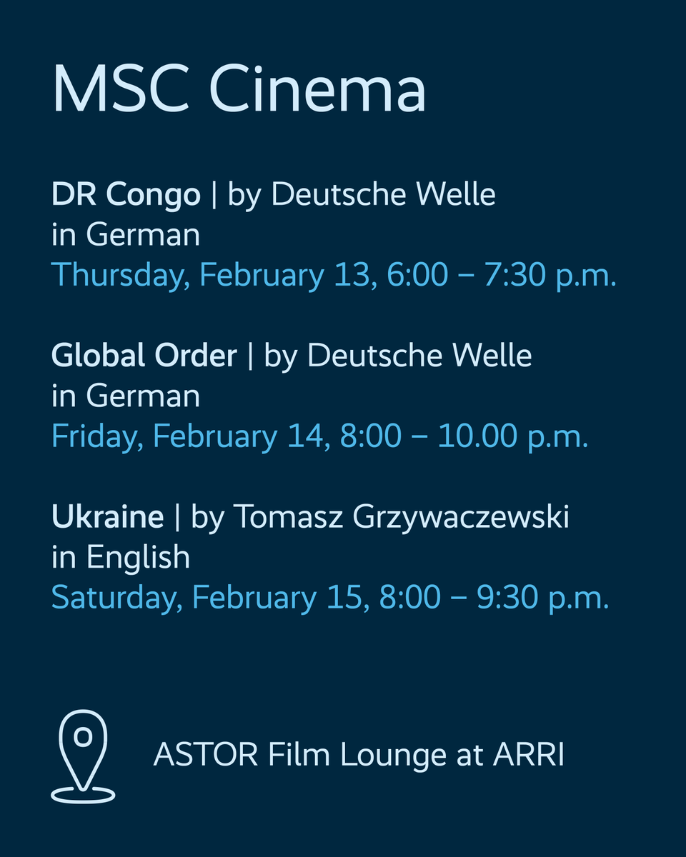 Munich Security Conference (@munsecconf) on Twitter photo 🔔 Reserve your spot for our MSC cinema events at the <a href="/ARRIChannel/">ARRI</a> cinema.
In cooperation with <a href="/DeutscheWelle/">DW Deutsche Welle</a> and <a href="/TomaszGrzywacz3/">Tomasz Grzywaczewski</a>, film screenings will bring a cinematic angle to our discussions on security & foreign policy at #MSC2025.
Register here: securityconference.org/msc-2025/oeffe… 🔔 Reserve your spot for our MSC cinema events at the <a href="/ARRIChannel/">ARRI</a> cinema.
In cooperation with <a href="/DeutscheWelle/">DW Deutsche Welle</a> and <a href="/TomaszGrzywacz3/">Tomasz Grzywaczewski</a>, film screenings will bring a cinematic angle to our discussions on security & foreign policy at #MSC2025.
Register here: securityconference.org/msc-2025/oeffe…