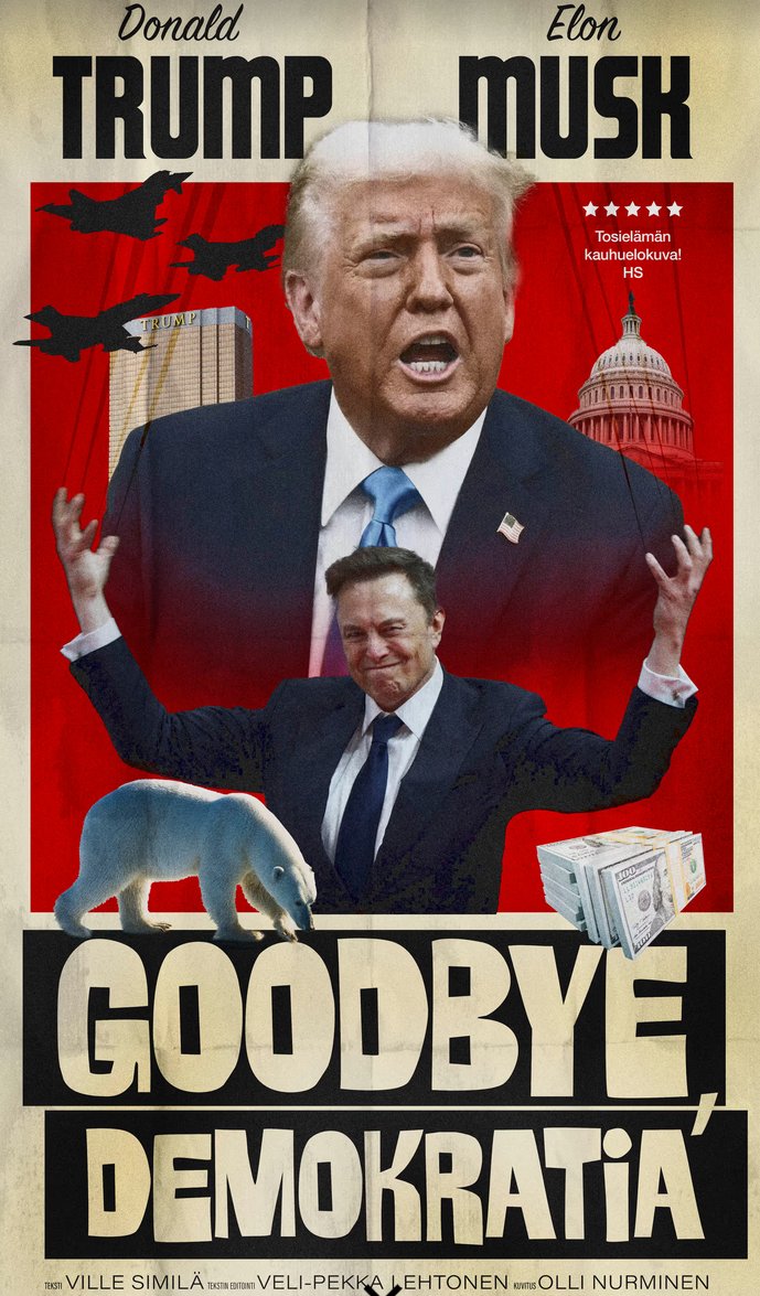 JukkaLepikko's tweet image. HS:n tekstit ja kuvituskuvat kovenee viikko viikolta.

USA on kuulemma diktatuuri, jolle Venäjäkin kalpenee. USA:ssa on käynnissä tosielämän kauhuelokuva.

Onkohan amerikkalaisten konsensus samaa mieltä?