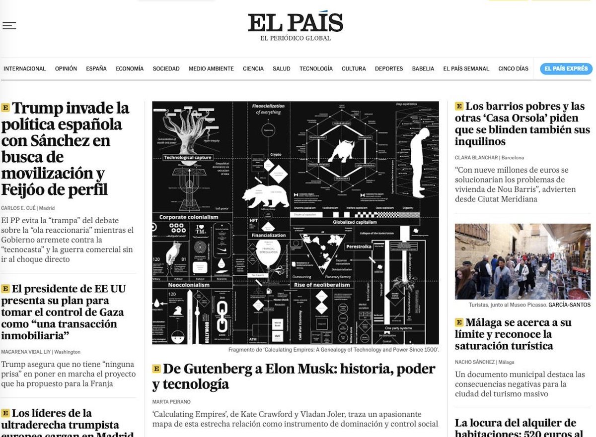 Kate Crawford (@katecrawford) on Twitter photo Calculating Empires is on the cover of EL PAIS today! Interview with Vladan & I about our two exhibitions in Spain, and the connections of politics, history, theory, and technology in our work and personal lives 📰 <a href="/el_pais/">EL PAÍS</a> <a href="/minipetite/">Marta Peirano</a> <a href="/TheCreaturesLab/">Vladan Joler</a> elpais.com/babelia/2025-0… Calculating Empires is on the cover of EL PAIS today! Interview with Vladan & I about our two exhibitions in Spain, and the connections of politics, history, theory, and technology in our work and personal lives 📰 <a href="/el_pais/">EL PAÍS</a> <a href="/minipetite/">Marta Peirano</a> <a href="/TheCreaturesLab/">Vladan Joler</a> elpais.com/babelia/2025-0…