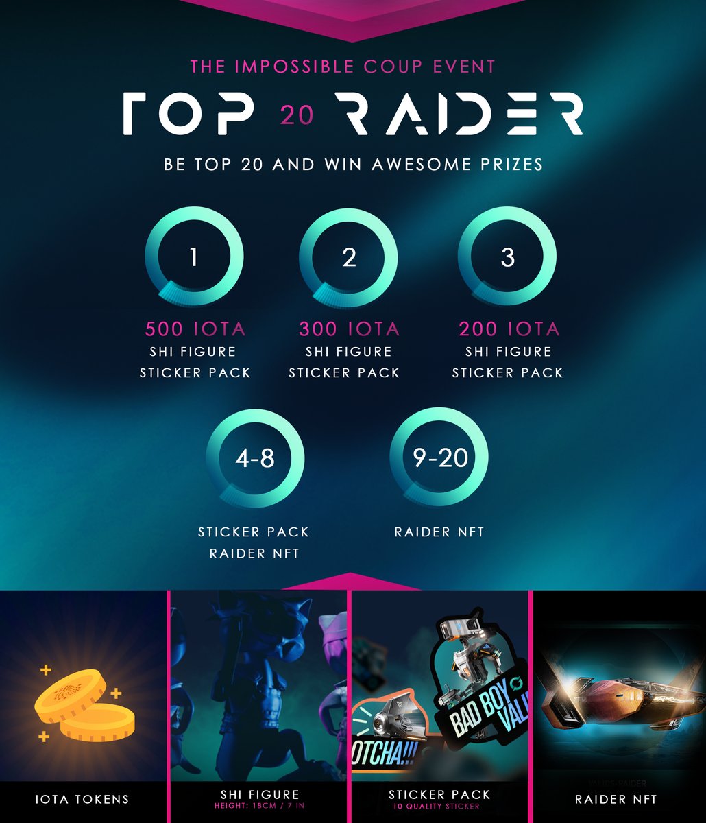 The Shi-Universe Saga✨ (@shiuniverse) on Twitter photo Solve "the Impossible Coup" Event Mission and 
win awesome rewards! 👑
✨Win Iota tokens, a figure for your desk, holographic sticker packs and NFTs. ✨
⚔ Get on the Leaderboard! (Link in bio)
#IOTA #GAME Solve "the Impossible Coup" Event Mission and 
win awesome rewards! 👑
✨Win Iota tokens, a figure for your desk, holographic sticker packs and NFTs. ✨
⚔ Get on the Leaderboard! (Link in bio)
#IOTA #GAME
