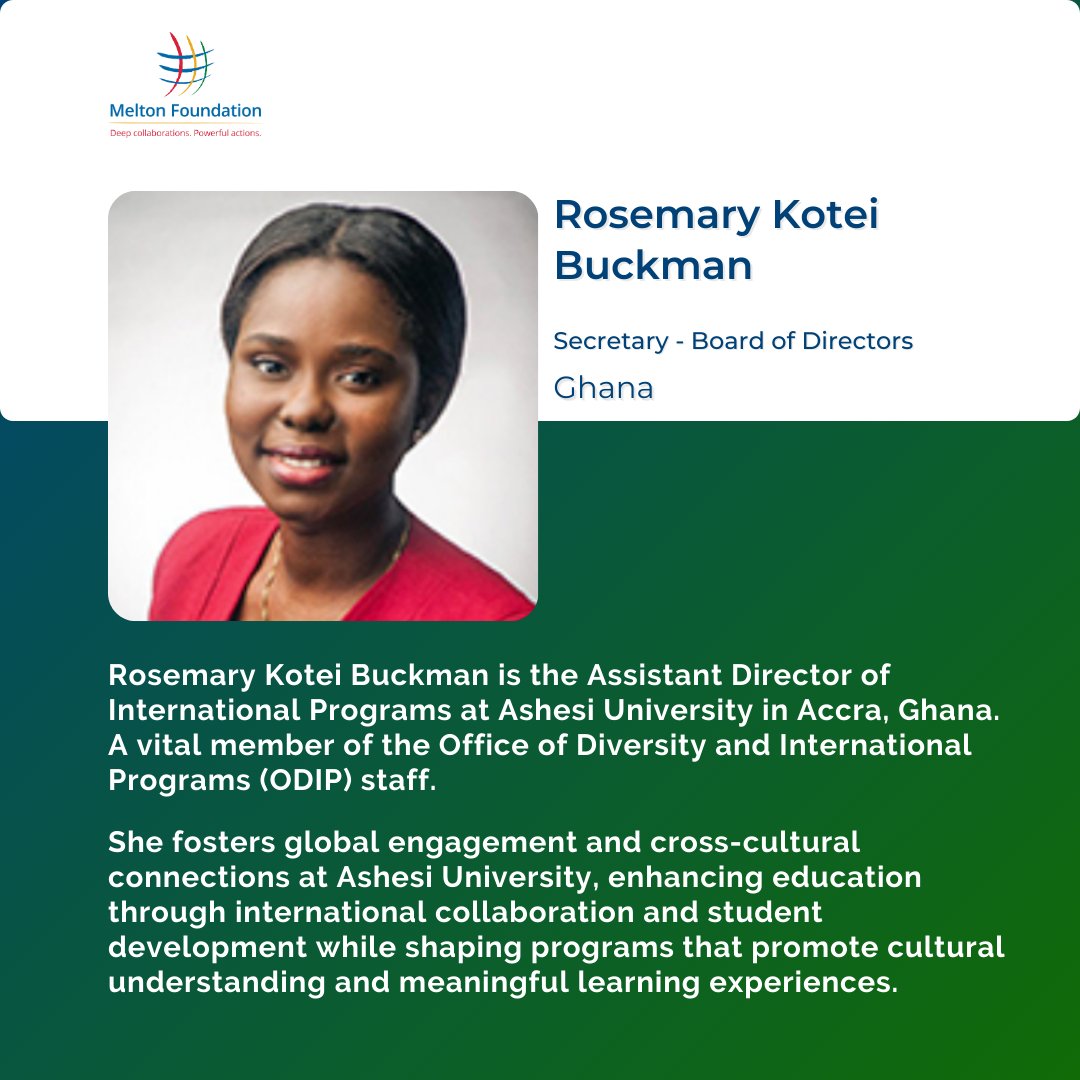 MFGlobalCitizen's tweet photo. As we embark on this journey to showcase the Board of Directors, guiding our mission, we’re thrilled to introduce four exceptional board members.
Stay tuned for more on our #MeetTheBoard
#MeltonFoundation #GlobalCitizenship #DeepCollaborations #PowerfulActions https://t.co/IPA4gBoNqX