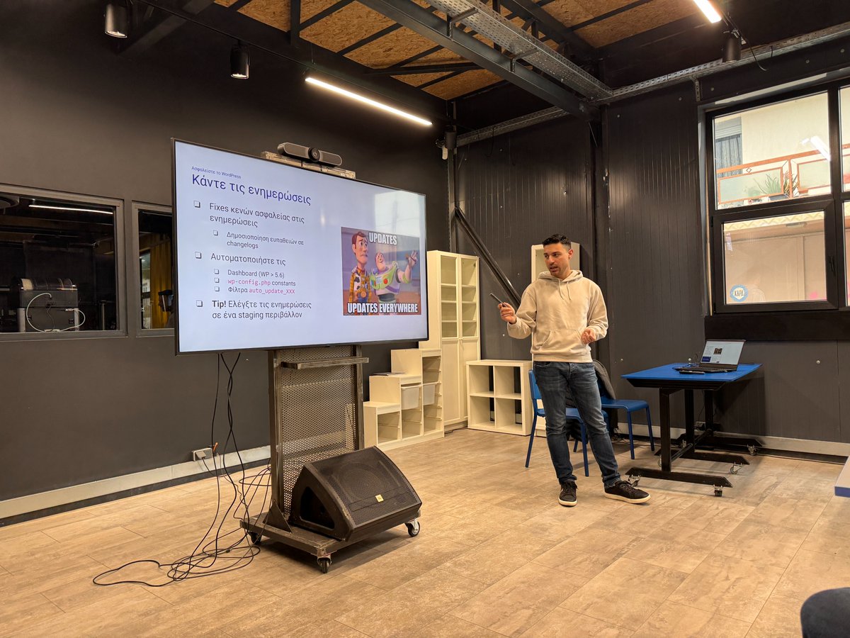 Πρώτο WordPress Larissa meetup της χρονιάς 2025 και συζητούμε με τον Ορέστη Σαμαρά για την ασφάλεια των ιστότοπων <a href="/WordPress/">WordPress</a>.
Βρισκόμαστε στο <a href="/joistpark/">JOIST</a> και σε περιμένουμε γιατί σήμερα θα κόψουμε και τη βασιλόπιτα μας.
#wpgreece #meetup #wp #wordpress #Security