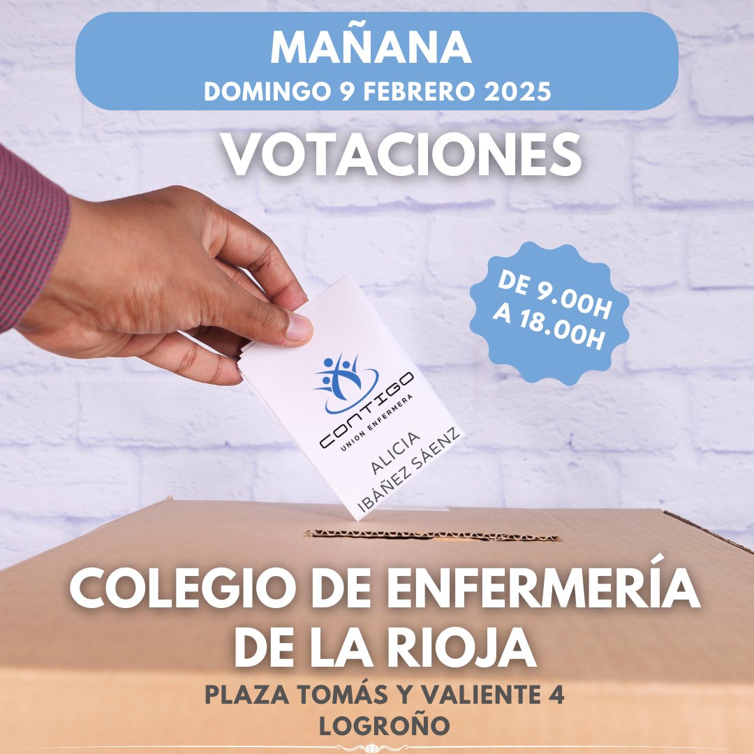 ¡Mañana domingo 9 de febrero es el día! 🗳️ 
Recuerda: las urnas estarán abiertas de 
9 de la mañana a 6 de la tarde, en el Colegio de Enfermería: Plaza Tomás y Valiente 4 de Logroño. 
Cada voto cuenta, cada voz importa. 
¡Participa y construye el futuro! 💪
#Enfermeras