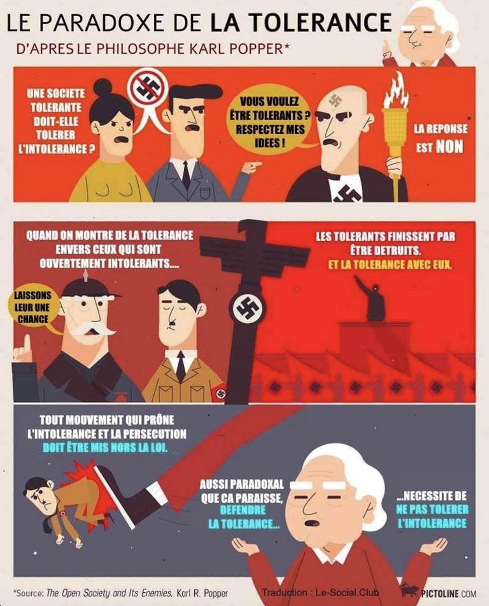 KBchlr's tweet image. Petite infographie qui rappelle un principe fondamental : défendre la tolérance nécessite de ne pas tolérer l'intolérance.