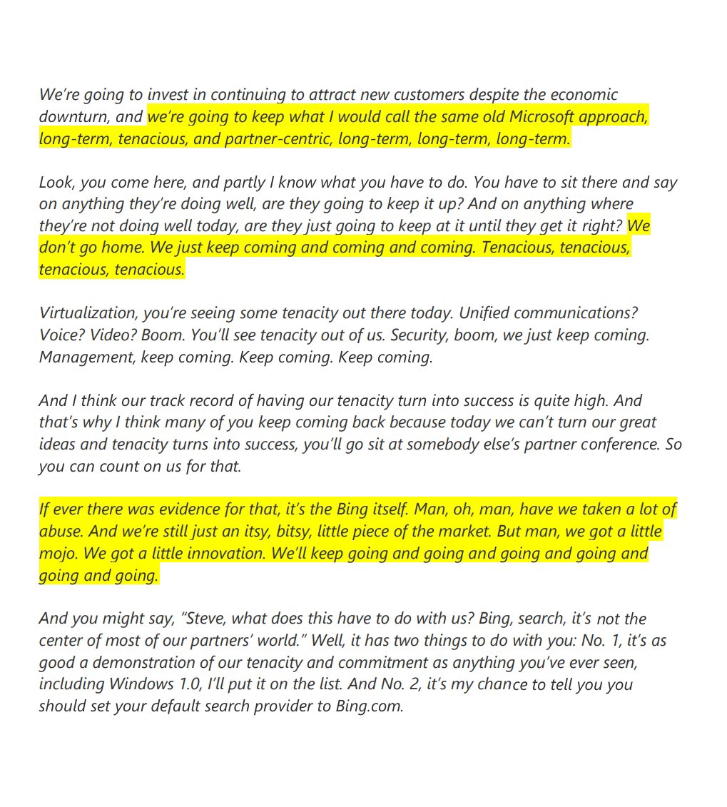This observation from <a href="/JordiRib1/">Jordi Ribas</a> about how <a href="/bing/">Bing</a> has transformed over the years reminds me of a prescient WPC 2009 quote from <a href="/Steven_Ballmer/">Steve Ballmer</a> about Microsoft’s tenacity and long-term approach. It’s stuck with me throughout my career. #Microsoft50

Source: news.microsoft.com/speeches/allis…