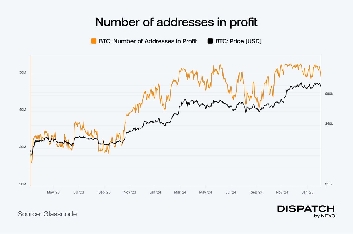 As of February 3, 2025, approximately 52 million #Bitcoin addresses,  representing more than 90% of all addresses, are in profit. Monitoring this  metric can provide insights into market sentiment and potential future  price movements.