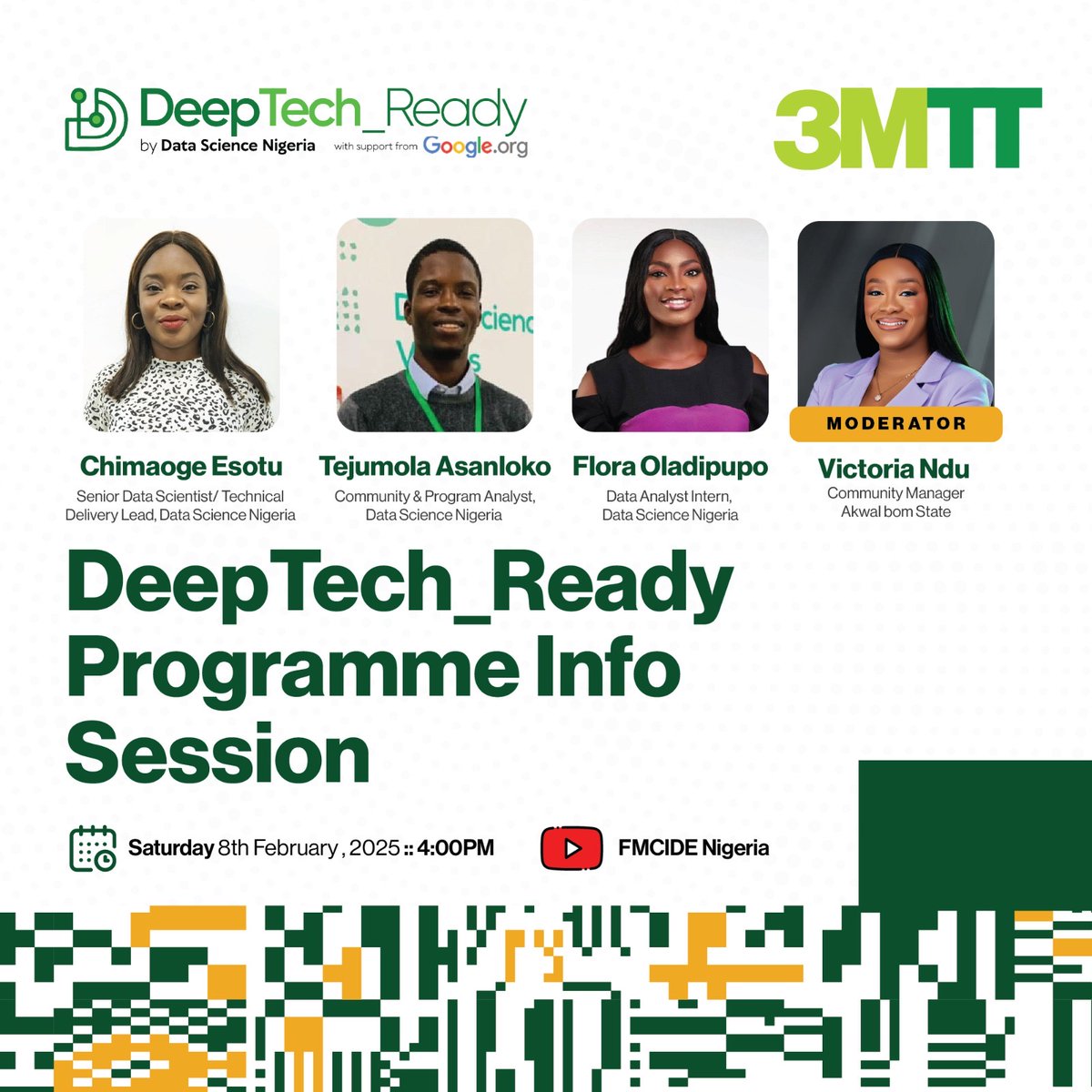 Curious about the <a href="/3MTTNigeria/">3MTT Nigeria</a>/<a href="/DeepTech_Ready/">DeepTech_Ready Program</a>  Upskilling Program?

Do you or someone you know face challenges with registration or taking the assessment?

Join us this evening for an exclusive info session! We’ll break down the program, explain the selection criteria, and guide