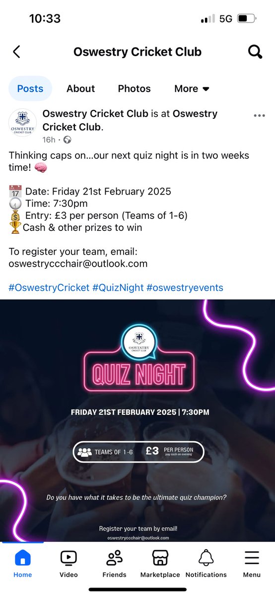 Oswestry Cricket Club (@oswestrycc) on Twitter photo Quiz Night is back!
Friday 21st February at 7.30pm
Teams of 1-6
ÂŁ3 per person
Cash and other prizes on the night and great fun!
To register a team email:
oswestryccchair@outlook.com
#oswestry #quiz Quiz Night is back!
Friday 21st February at 7.30pm
Teams of 1-6
ÂŁ3 per person
Cash and other prizes on the night and great fun!
To register a team email:
oswestryccchair@outlook.com
#oswestry #quiz