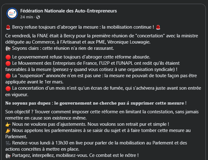 FranckTourneret's tweet photo. 🚨 Bercy refuse toujours d’abroger la mesure : la mobilisation continue ! 🚨 Ce vendredi, la FNAE était à Bercy pour une réunion avec Véronique Louwagie. Soyons clairs : cette réunion n'est pas rassurante.
Mobilisons-nous, toujours et encore plus !  ✊
#TVA25000 #autoentrepreneur https://t.co/zlTNxniJF8