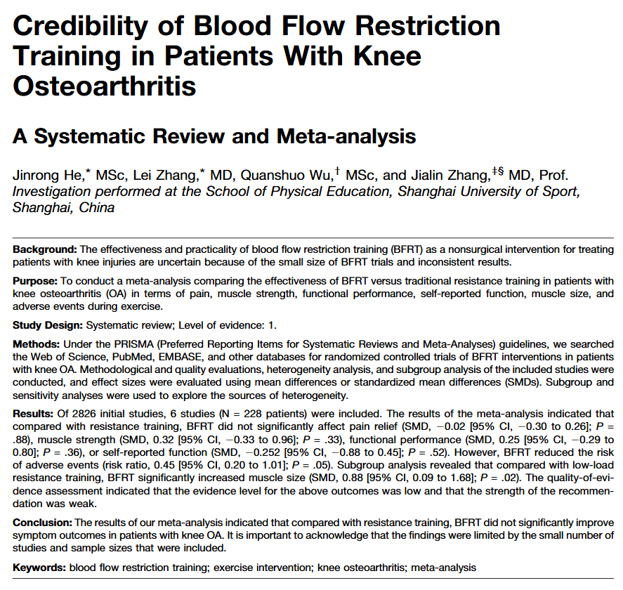 This systematic review and meta-analysis finds that, compared with traditional resistance training interventions, resistance training with blood flow restriction (BFR) is not likely to be concomitant with improved symptom outcomes in patients with knee osteoarthritis.