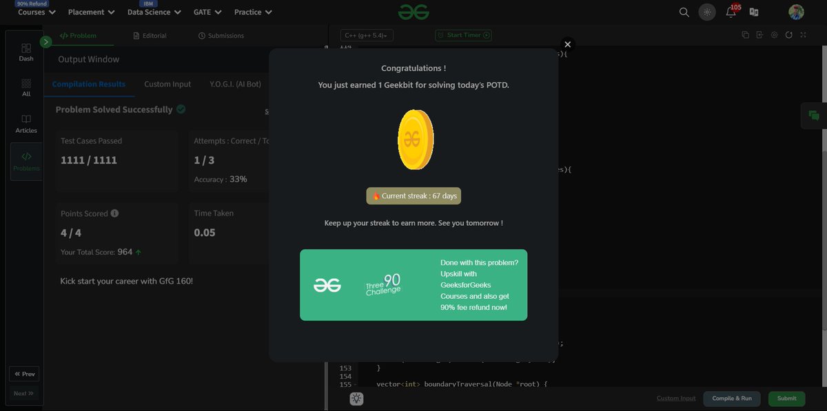 khushalmajoka's tweet image. Day 86 of #geekstreak2024

🔹 Tree Boundary Traversal
🔹 Steps: Left Boundary → Leaves → Reverse Right Boundary
🔹 TC: O(N), SC: O(N)

#gfg160 #BinaryTree #DSA