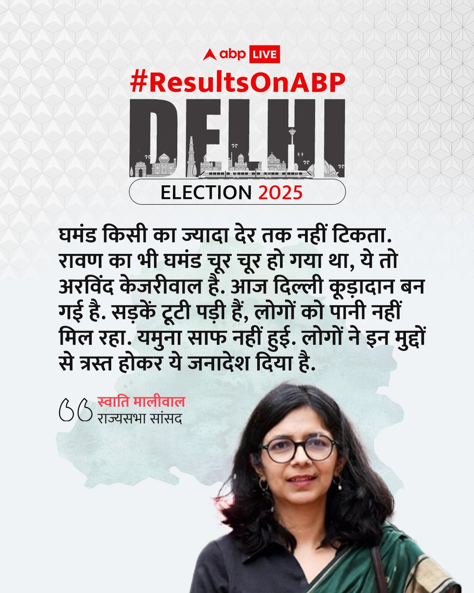 दिल्ली चुनाव के नतीजों के बीच राज्यसभा सांसद स्वाति मालीवाल ने प्रतिक्रिया देते हुए कहा, 'घमंड किसी का ज्यादा देर तक नहीं टिकता. रावण का भी घमंड चूर चूर हो गया था, ये तो अरविंद केजरीवाल है. आज दिल्ली पूरी तरह कूड़ादान बन गई है. सड़कें टूटी पड़ी हैं, लोगों को पानी नहीं मिल रहा.
