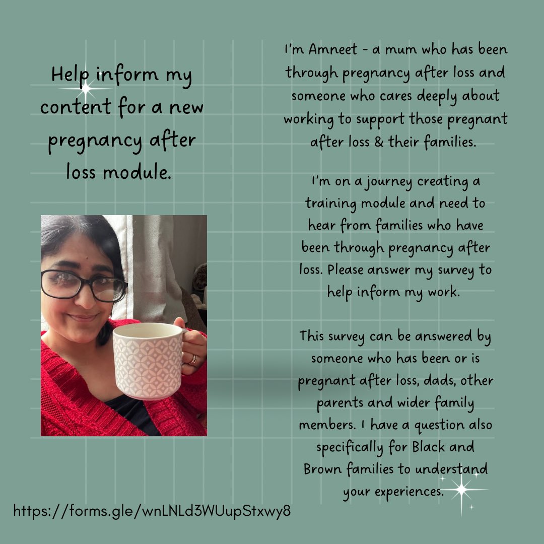 Willow’s Rainbow Box (@willowsrainbow) on Twitter photo Please complete this survey for Amneet to help inform her training module on pregnancy after loss: forms.gle/4Rpno97aSv1D53…
Please share <a href="/MCR_SB_Research/">Alexander Heazell</a> <a href="/MFH_Research/">Maternal & Fetal Health Research Centre</a> <a href="/AbigailsCharity/">Abigail's Footsteps</a> <a href="/DOckendenLtd/">Donna Ockenden FRSA, Hon DLitt Hon DSci</a> Please complete this survey for Amneet to help inform her training module on pregnancy after loss: forms.gle/4Rpno97aSv1D53…
Please share <a href="/MCR_SB_Research/">Alexander Heazell</a> <a href="/MFH_Research/">Maternal & Fetal Health Research Centre</a> <a href="/AbigailsCharity/">Abigail's Footsteps</a> <a href="/DOckendenLtd/">Donna Ockenden FRSA, Hon DLitt Hon DSci</a>