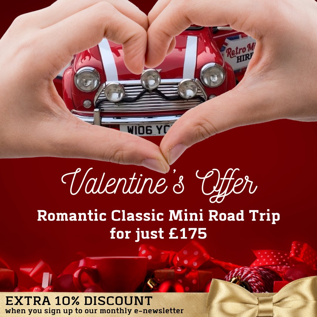 ANNOUNCEMENT 📣 
Today we are launching our VALENTINES DAY OFFER! 
How exciting!!! 
Get our half day road trip at a discount with an ADDITIONAL 10% OFF when you sign up to our newsletter! 🚘🇬🇧❤️

retrominihire.com/valentines-off…

#retrominihire #classiccarhire #classicminihire