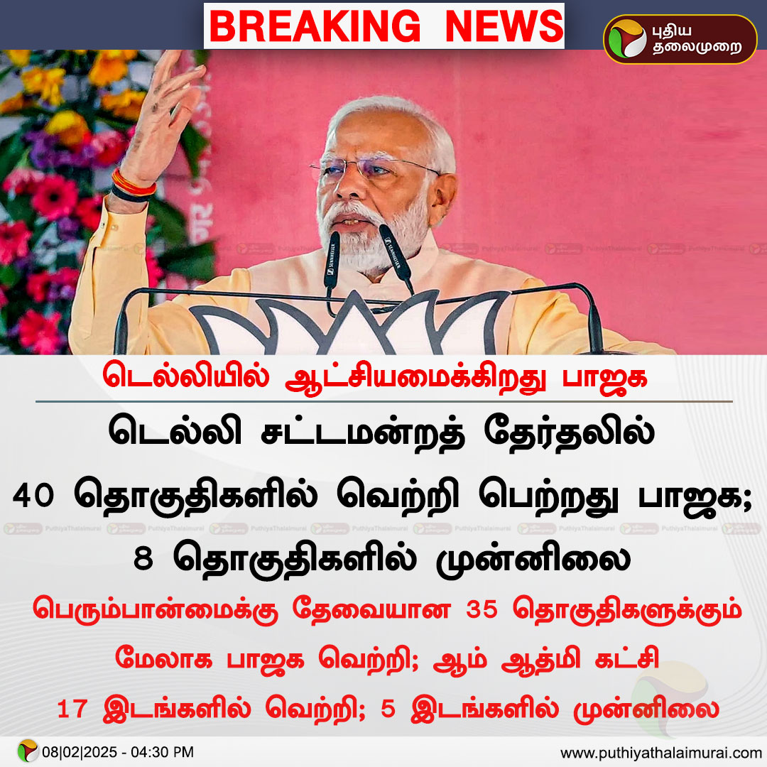 PttvNewsX's tweet photo. #BREAKING | டெல்லியில் ஆட்சியமைக்கிறது பாஜக
#BJP | #PMModi | #DelhiElectionResults | #DelhiElections2025 | #ElectionWithPT | #ElectionResultWithPT | #AAP https://t.co/SJXaPXUTdl