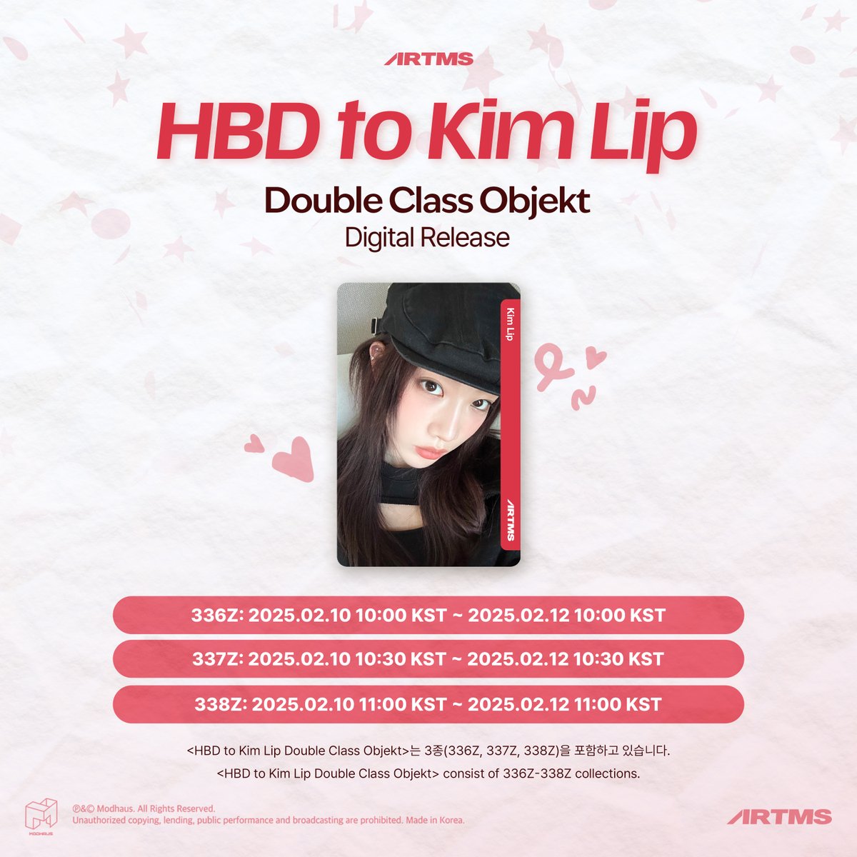 official_artms's tweet photo. HBD to Kim Lip
Double Class Objekt
Digital Release

📅 Schedule
336Z: 2025.02.10 10:00 KST ~ 2025.02.12 10:00 KST
337Z: 2025.02.10 10:30 KST ~ 2025.02.12 10:30 KST
338Z: 2025.02.10 11:00 KST ~ 2025.02.12 11:00 KST

Check out in <Cosmo : the Gate>
🔗 https://t.co/s11McGjWWj

#ARTMS #아르테미스 #OURII
#KimLip #김립