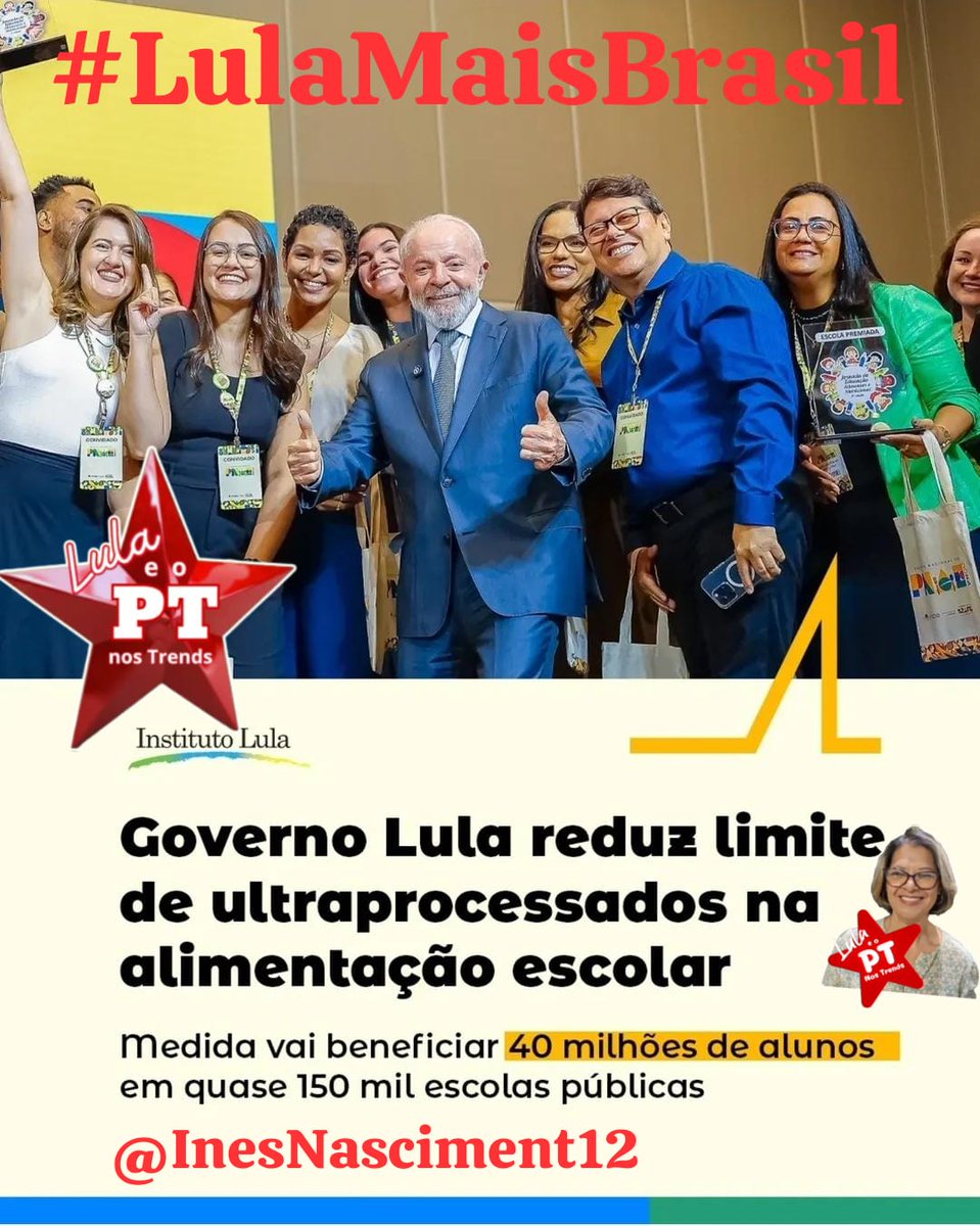 Bom dia para tod@s!🚩🌞

Alimentação de qualidade para os estudantes. 🍲🚩
✅️ Menos ultraprocessados
no cardápio.
✅️ Mais investimento na capacitação de merendeiras e nutricionistas.
✅️ Ampliação da compra de alimentos da agricultura familiar.
#LulaMaisBrasil
<a href="/parasamuel/">Samuel Felix🚩</a>