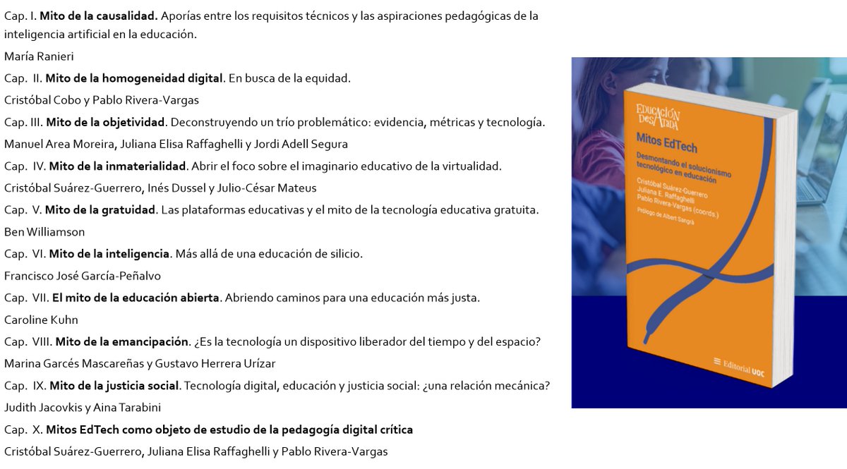 #MitosEdTech
<a href="/JulianaR71/">Juliana Raffaghelli @LaRaffa@xarxa.cloud</a> <a href="/pabloriverabcn/">Pablo Rivera</a> y yo, desde el 2020, iniciamos un trabajo de análisis y reflexión sobre los #MitosEdTech. Esta iniciativa ha sido desarrollada por investigadoras/es de distintas disciplinas en un libro que saldrá pronto <a href="/EditorialUOC/">Editorial UOC</a>
Aquí un aperitivo ;-)
