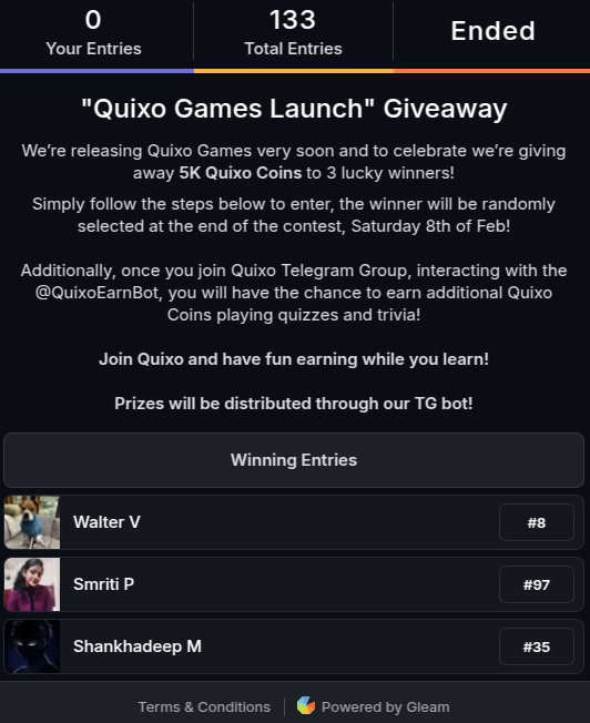 🎉 We have our winners! 🎉
Congrats to: 
1️⃣ <a href="/wvanid/">Walter Vanid</a> – 2,500 Quixo Coins 🏆 
2️⃣ <a href="/Smriti8670/">Smriti pramanik</a> – 1,500 Quixo Coins 🥈
3️⃣ <a href="/Shankhadee87147/">Shankhadeep Mukherjee</a> – 1,000 Quixo Coins 🥉

To claim your prizes, check your Twitter DM!! 💌
Thanks to everyone who joined! Stay tuned for more #giveaways! 🙌