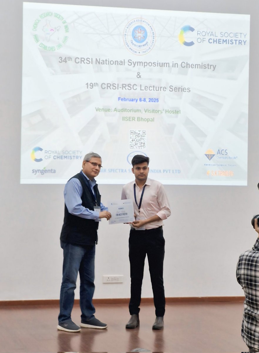 smhusain2018's tweet image. I am so glad to share that Manisha Bairwa  @manishaBairwa68 and Ajeet Shukla @ajeet_shukla75 from @HusainLab got the best posters prize at 34th CRSI Symposium @ChemResSocIndia held at @iiserbhopal. Thankful to @serbonline and @cbmrofficial for financial support to #biocatalysis