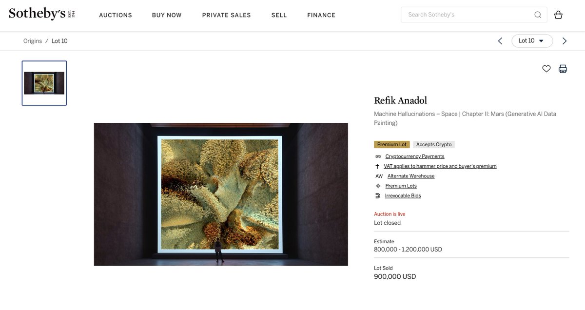Dear friends, I am very happy to see the epic auction result of Machine Hallucinations – Space | Chapter II: Mars (Generative AI Data Painting) ! Initially sold for USD 195,000 in 2021 in Hong Kong on blockchain and today sold at USD 900,000 to a new collector. Thank you