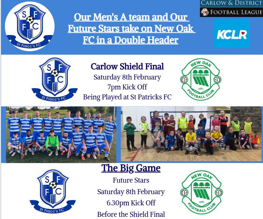Big one for the boys this evening. <a href="/StFiaccsFC/">St Fiaccs FC</a>  vs <a href="/New_Oak_Boys/">New Oak FC</a> in the KCLR shield final. Best of luck to the boys against a very good opposition <a href="/FAICarlow/">FAI Carlow 🇮🇪⚽️🇬🇳</a> <a href="/CarlowSoccer/">Carlow Soccer League</a> <a href="/harrysarticles/">Harry Shorthose</a> 🔵⚪️ make sure to get down and support the boys.