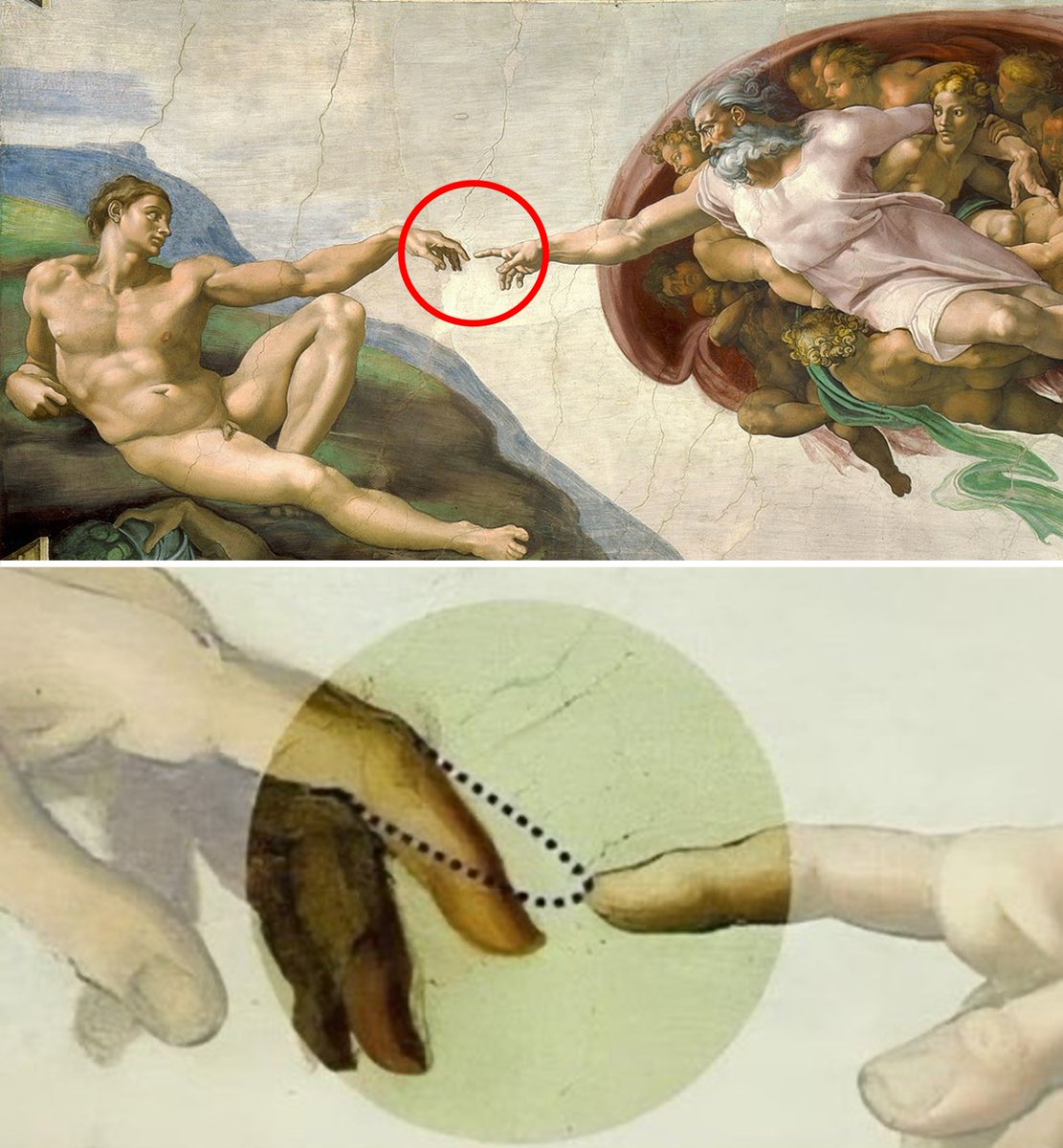 the_culturist_'s tweet image. An overlooked detail of Michelangelo's Creation of Adam:
God's finger is fully extended whilst Adam's is not, such that they do not quite touch. The implication?
To find God, we need only reach toward him as vigorously as he reaches toward us…