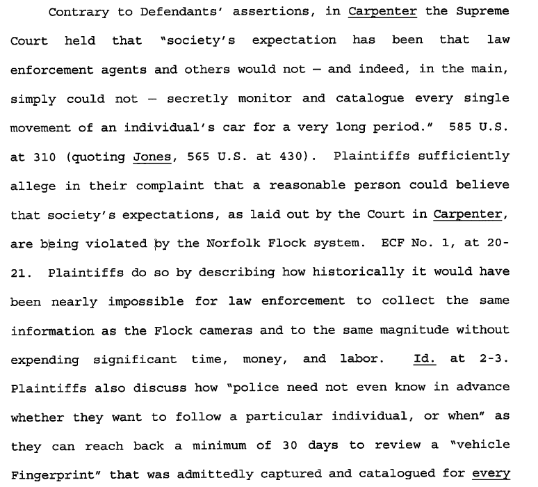 FreeRangeLawyer's tweet photo. It doesn't look like much: a pole, a solar panel array, and a digital camera. But it's part of a vast, creepy surveillance program -- and an @IJ lawsuit challenging that program has survived a motion to dismiss. 

The program is called "Flock," and it places cameras all over a jurisdiction to capture license plate data from passing cars. In Norfolk, VA, where @IJ sued, there are over 170 Flock cameras. And that's just one city. Flock's cameras are in over 5,000 cities nationwide. 

The point of that network of cameras is to create a database of citizens' movements across the country. Police can query the database to see where a vehicle has been in any city within the Flock network. And police can access that data without a warrant or probable cause. 

Flock describes itself as a "tech company eliminating crime." But its network has been subject to abuse. A police chief in Kansas, for instance, used the Flock network to stalk his ex-girlfriend and her new boyfriend. When data is accessible without a warrant, that kind of abuse should be expected. 

My colleagues @IJ sued in Norfolk, challenging this surveillance program as a violation of the Fourth Amendment. The city moved to dismiss, and, late last week, the court allowed the lawsuit to proceed. 

The court cited Carpenter, a case where the Supreme Court held that police need a warrant to access cellphone location data, and reasoned that the data captured by the Flock network is basically indistinguishable from the data in Carpenter. And that data allows for a level of surveillance that would have been totally alien at the nation's founding: "Historically it would have been nearly impossible for law enforcement to collect the same information as the Flock cameras and to the same magnitude without expending significant time, money, and labor." 

That decision isn't the end of the case. The case now goes to discovery--and my colleagues will be demanding information from the city about how the Flock program operates. That information will inform the court's ultimate decision. 

For now, though, this is a victory. The case proceeds, and this massive surveillance program is now in the crosshairs of a constitutional challenge.