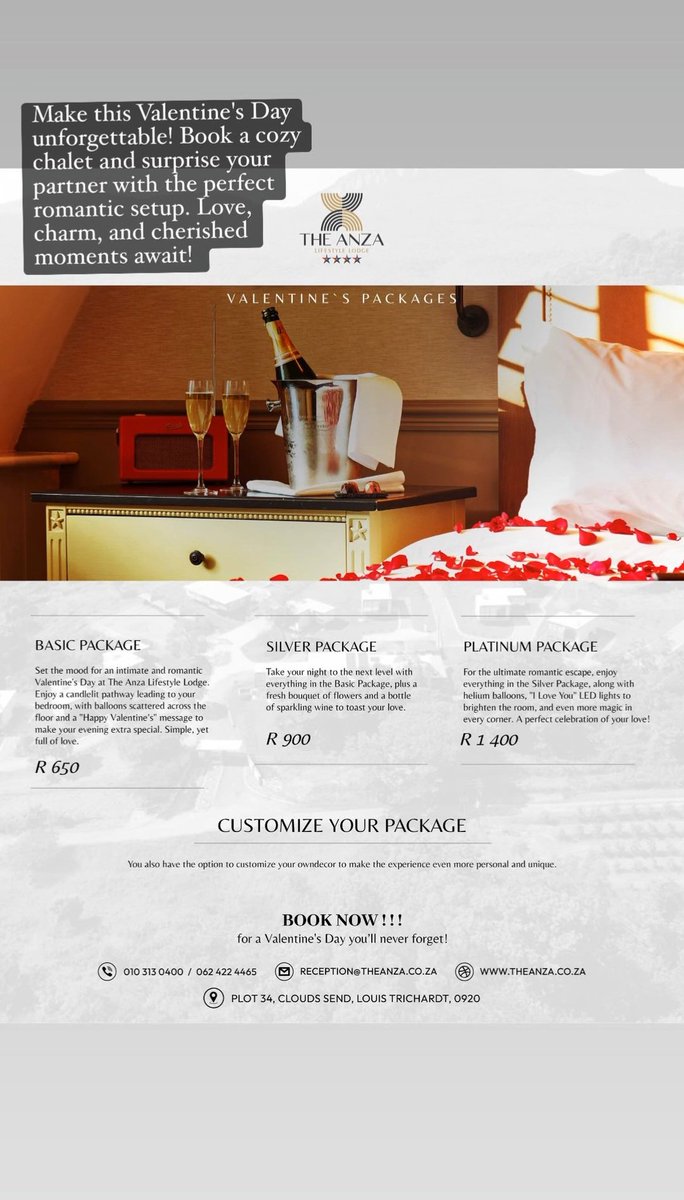 Don't miss out on a special Valentine's dinner! 

Tables are limited, so be sure to call and reserve yours today for a romantic evening. Secure your spot now and treat your loved one to a memorable experience. Hurry, availability is filling up fast! 062 422 4465