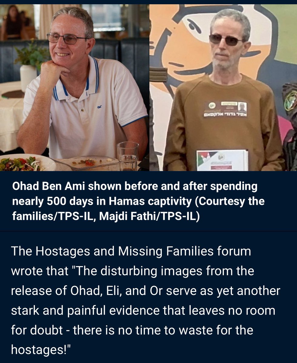 lancewallnau's tweet photo. Disgusted but not surprised that left wing news says “Hostages look remarkably healthy.” This is how the Jews among them look before and after 450 days locked underground.

They are probably feeding the six U.S. citizens who they have not yet released. Trumps “hell to pay” option is still on the table.