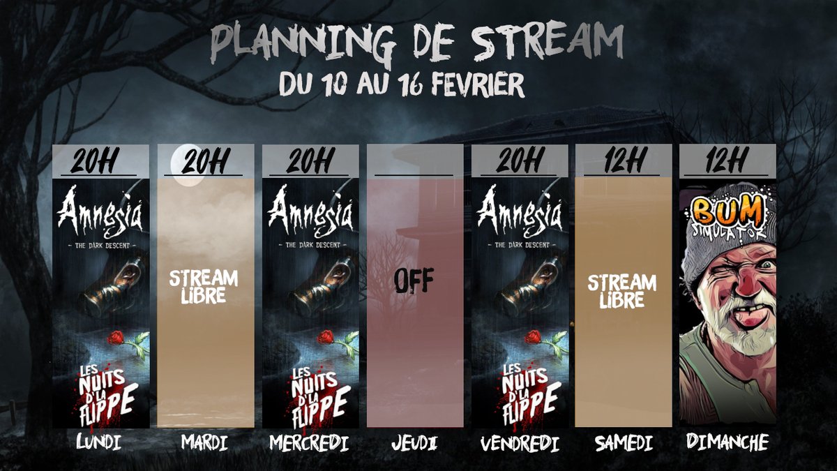Le P'tit planning de la semaine.
De la Flippe avec le 1er AMNESIA et de l'irrévérencieux avec BUM SIMULATOR !!  
 C'est ici K'sa s'passe: 👉 twitch.tv/captain_frakas