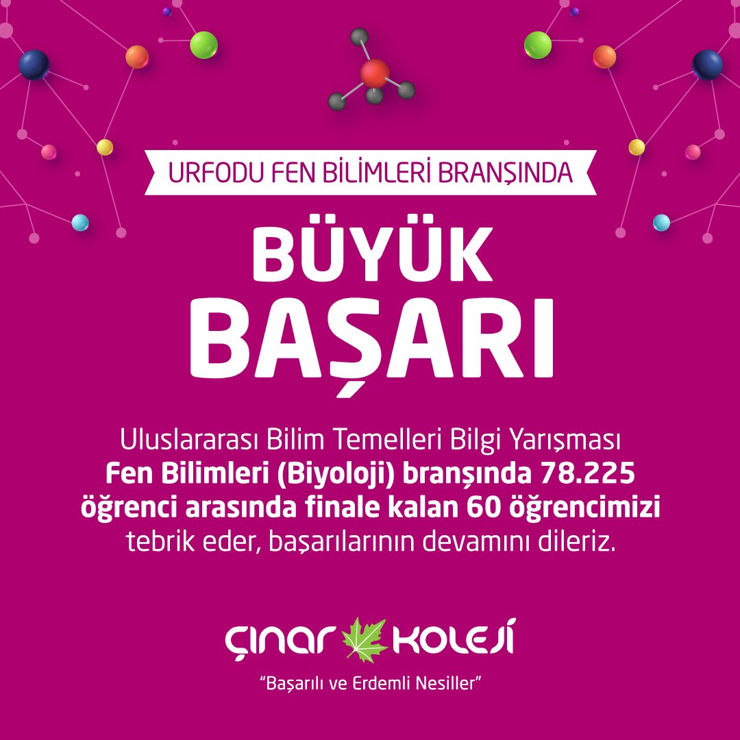cinarkoleji's tweet photo. Çınar Koleji öğrencilerinden uluslararası bir başarı daha!

 URFODU-Uluslararası Bilim Temelleri Bilgi Yarışması'nda "Fen Bilimleri (Biyoloji)" branşında 60 öğrencimiz finalde! Başta öğrencilerimiz olmak üzere onlara destek olan öğretmenlerimize ve  velilerimize teşekkür ederiz. https://t.co/laeRhOg2Qc