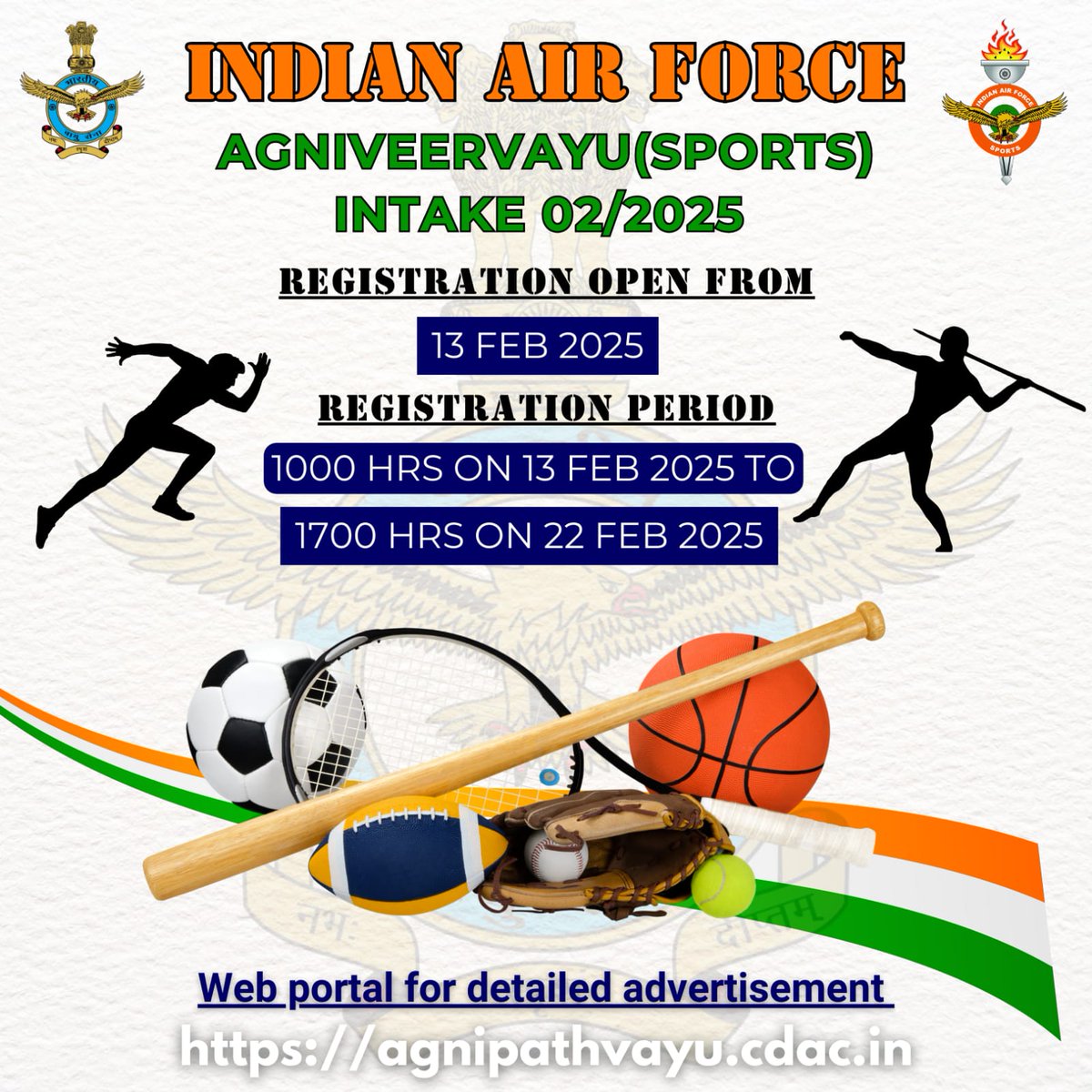 IAF_MCC's tweet image. Join the Indian Air Force and Be an #Agniveervayu.

Online registration for Agniveervayu (Sports) Intake 02/2025 starts from 13 Feb 25.

For eligibility criteria, full details and more, visit agnipathvayu.cdac.in

#YearOfDefenceReforms

@DefenceMinIndia
@SpokespersonMoD…