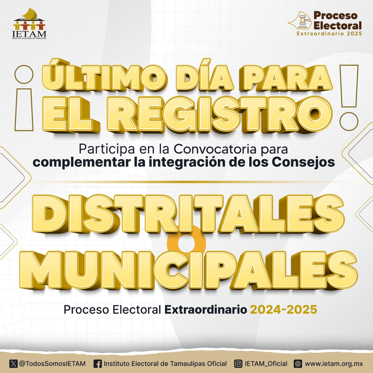 TodosSomosIETAM's tweet image. 🗣️📣ATENCIÓN‼️ ÚLTIMO DÍA‼️ Para registrarte en la #Convocatoria para #complementar la integración de los Consejos Distritales y Municipales para el Proceso Electoral Extraordinario 2024-2025. 

Informes👇
ietam.org.mx/Portal/Documen…