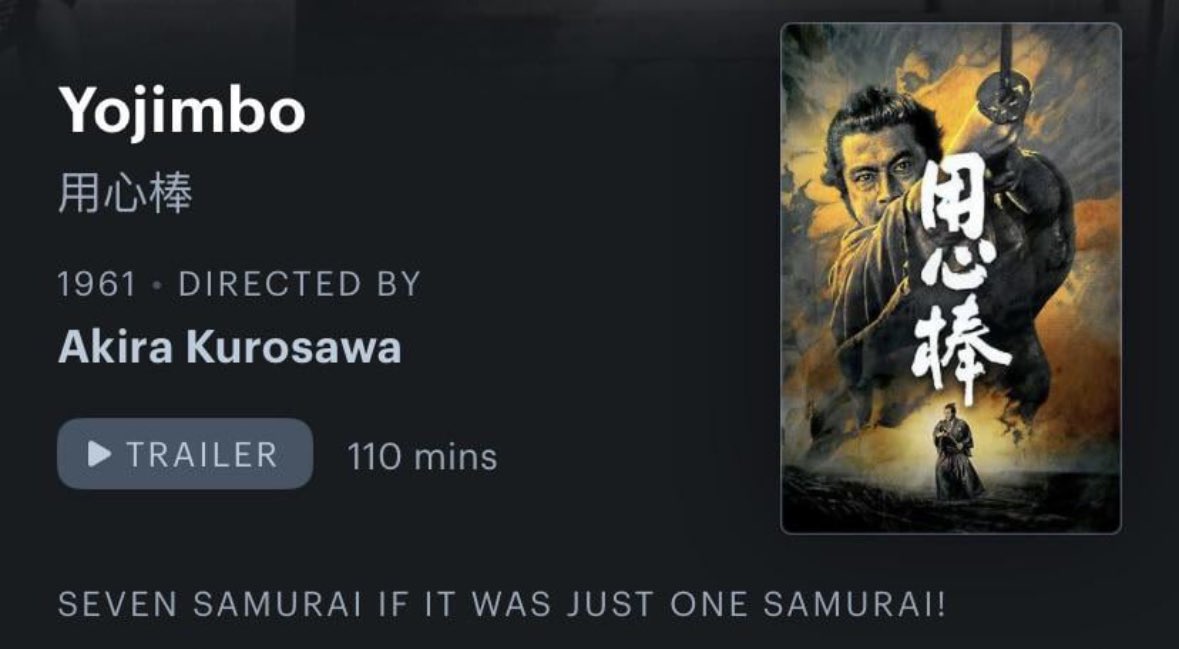 Undue_Risk's tweet photo. I feel like we don’t talk about the Letterboxd tagline for Yojimbo enough https://t.co/pwmywO6uWd