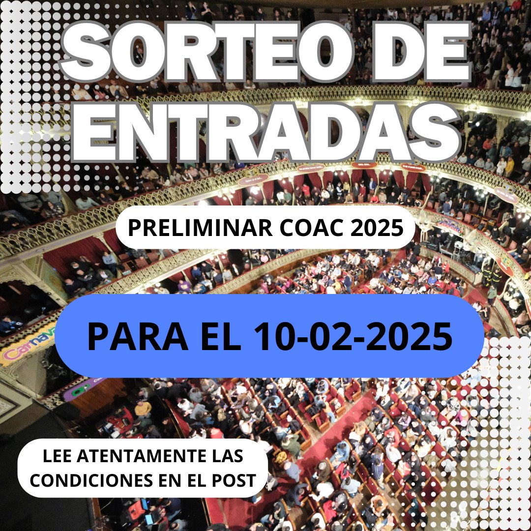‼ Gana 2 entradas para el palco de Onda Cádiz #COAC2025P19 #COAC2025
🔔 Para participar:
🔹 Sigue <a href="/OndaCadizTV/">Onda Cádiz</a> en X e Instagram (@ondacadiz)
🔹 RT a la publicación en X y comenta la publicación en Instagram
📣 Anunciaremos el ganador de las 2 entradas el 09-02-2025 en nuestras