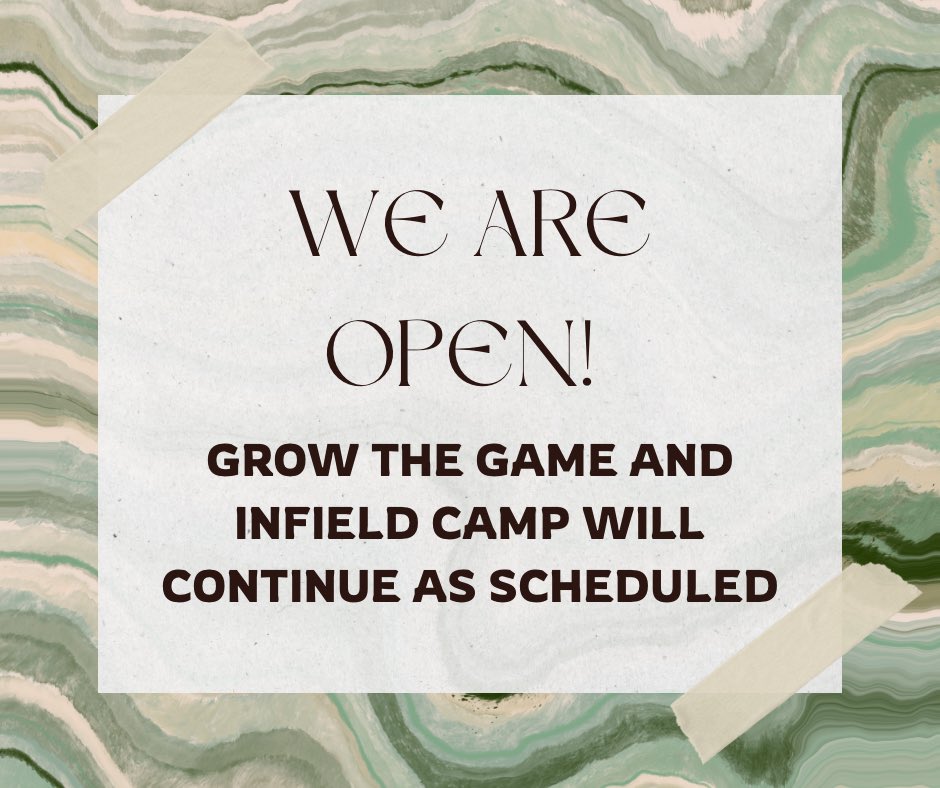 We are open! Grow the game and infield camp will continue as scheduled today. Use best judgment when deciding if you will come today. We look forward to seeing those that can make!
