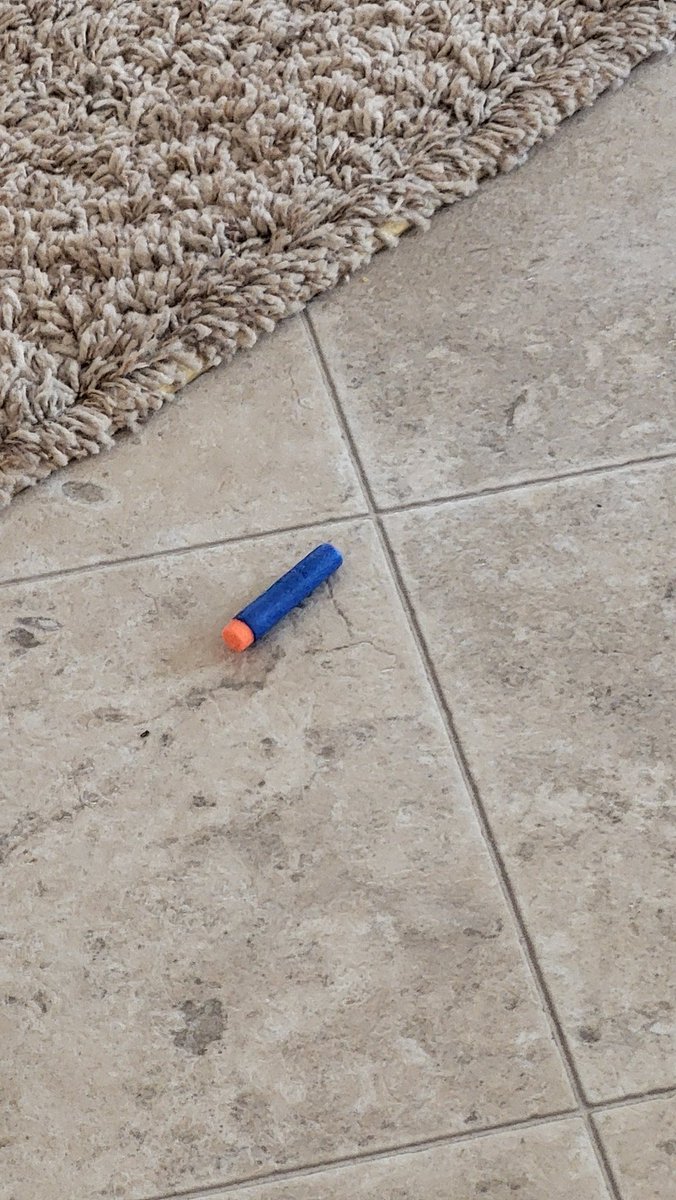 Tell me how we've been in our new house less than 12 hours and I've already found one of these bad boys on the floor? Lol haha 🤣 😂 😆 

#dadlife 
#kids
#nerf