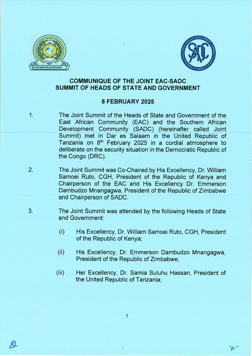 OfficePCS_KE's tweet image. COMMUNIQUE OF THE JOINT EAC-SADC SUMMIT OF HEADS OF STATE AND GOVERNMENT.

Date: 8th February, 2025.