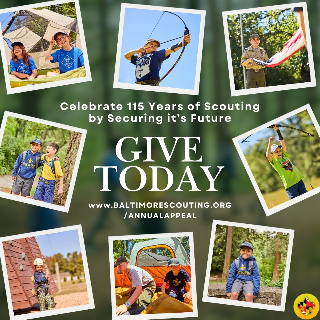 🎉 115 years of Scouting! 🎉 Help us keep the adventure alive for future generations. Support our Annual Appeal and give more youth the chance to lead, learn, and grow.  
🔥 Donate today: hubs.ly/Q035TbsJ0
#ScoutAnniversaryDay #SupportScouting #BaltimoreScouting