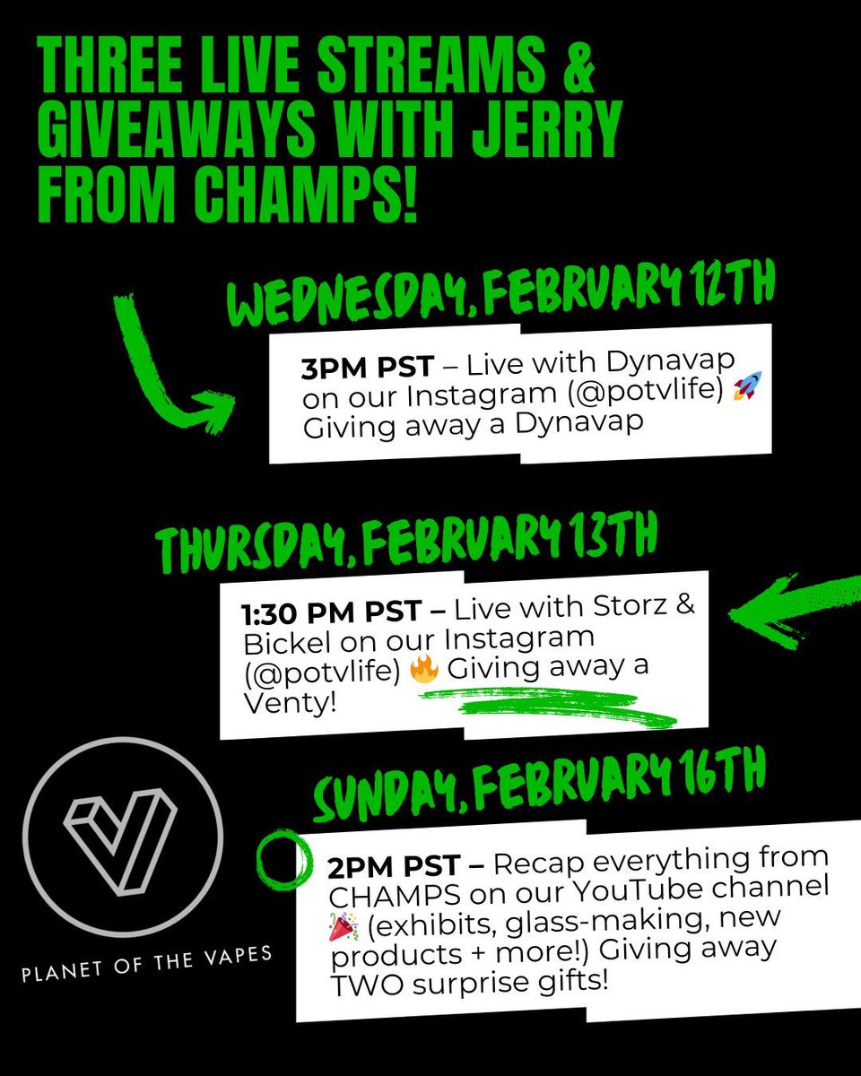 🚨 CHAMPS EXCLUSIVE GIVEAWAYS! 🚨 We’re turning up the heat at CHAMPS with THREE epic live sessions featuring Jerry and some seriously cool giveaways 🔥 Don’t miss your chance to win vapes and get insider access to all the CHAMPS action!