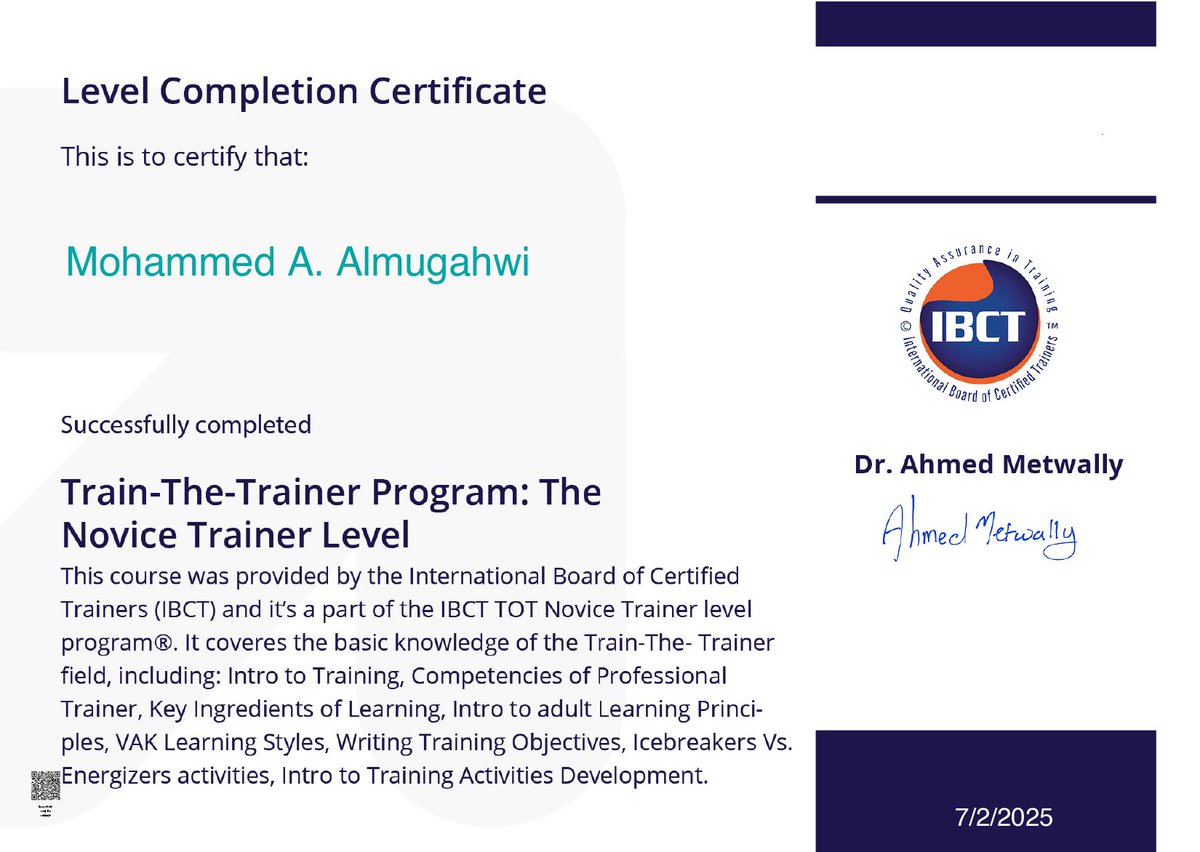 mam4644's tweet image. يسرني أن أعلن أنني حصلت بنجاح على شهادة مدرب المدربين (Train-The-Trainer) من المجلس الدولي للمدربين المعتمدين (IBTC)🏆 

#مدرب
#IBTC