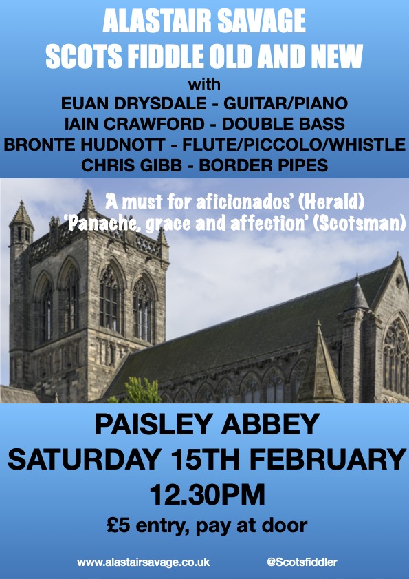 had great time today rehearsing with brilliant colleagues Euan Drysdale, Iain Crawford and Bronte Hudnott ahead of performing <a href="/paisley_abbey/">Paisley Abbey</a> next Saturday 15th Feb. We'll be joined at concert by superb piper Chris Gibb! Only £5 entry, pay at door! Lunchtime, 12.30pm <a href="/WhatsOnRen/">What's On Renfrewshire</a>