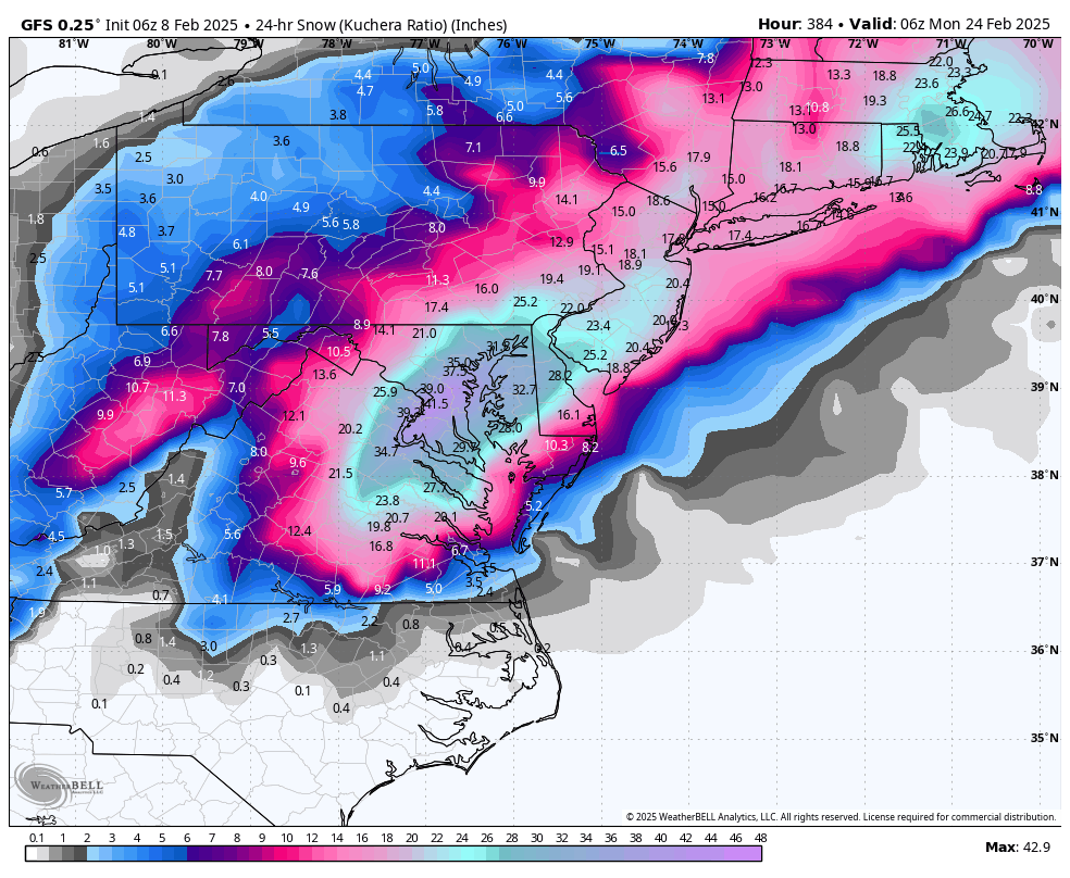 jake_wx's tweet photo. This is NOT a forecast and wont happen but the 384 hour gfs shows what would be Dc,Baltimore and much of central md and NOVA biggest storm of all time at 30+ inches WTF #notaforecast https://t.co/uNZo6mmLVt