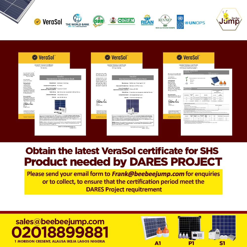 Beebeejump solar (@beebeejump) on Twitter photo Let us help you obtain the latest VeraSol certification for SHS products needed by DARES projects. Send your email form to frank@beebeejump.com for enquiries or to collect, to ensure that the certification period meets the project requirements. #DARES #beebeejump #veraSol #WorldB Let us help you obtain the latest VeraSol certification for SHS products needed by DARES projects. Send your email form to frank@beebeejump.com for enquiries or to collect, to ensure that the certification period meets the project requirements. #DARES #beebeejump #veraSol #WorldB