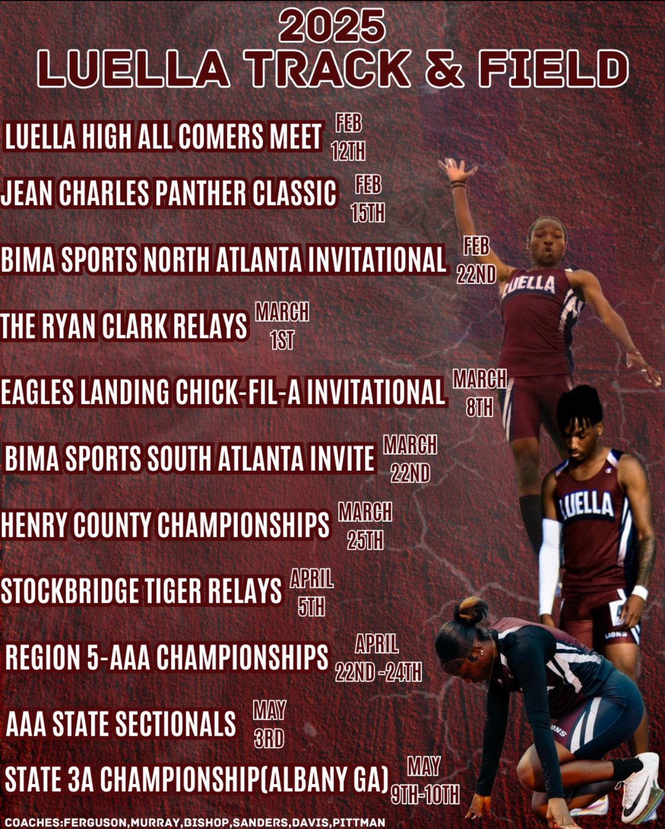 🚨 Luella Track &amp; Field – 2025 Season Schedule 🚨

🏃‍♂️💨 The grind continues! Get ready for an electrifying season as Luella Track &amp; Field takes on the best competition. Check out our 2025 meet schedule and mark your calendars! 📅🔥

📍 Stay tuned for updates and results.
