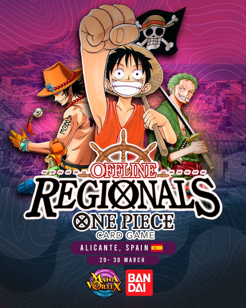 🏴‍☠️REGIONAL ONE PIECE TCG🏴‍☠️
Alicante, Spain - Mana Vortex🌀

The One Piece Regional is coming back to Alicante and we are very excited to organize it, I'm sure you are as eager as we are.

🗓️29-30 March 2025
🗺️Institución Alicante Fair (IFA)
🫂 512 players
🏆Side Events Officials