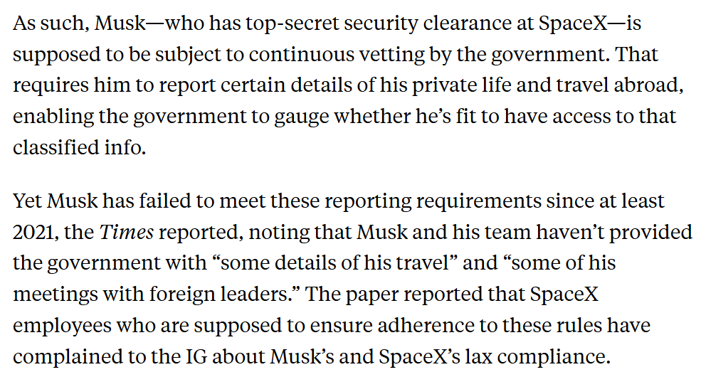 If this IG review is now dead under Trump, that's very bad. NYT reported that Musk/SpaceX have been flouting reporting requirements to safeguard state secrets since at least 2021, including a failure to divulge his meetings with foreign leaders. 5/

newrepublic.com/article/191330…