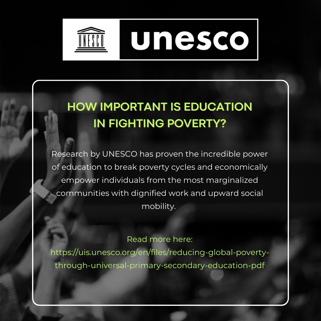 Can education fight poverty?

Research by <a href="/UNESCO/">UNESCO 🏛️ #Education #Sciences #Culture 🇺🇳</a> has proven the incredible power of education to break poverty cycles &amp; economically empower individuals from the most marginalized communities with dignified work &amp; upward social mobility.

Read more here:
uis.unesco.org/en/files/reduc…
